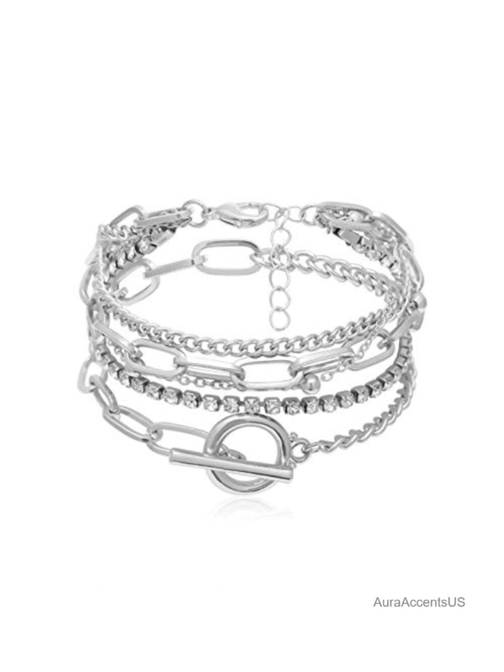 Layered Chunky Chain Lock Pendant Bracelets Bohemian Adjustable Toggle Crystal